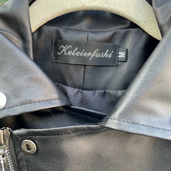 Faux Leather Moto Jacket Black Zip Up Belted - Picture 5 of 13